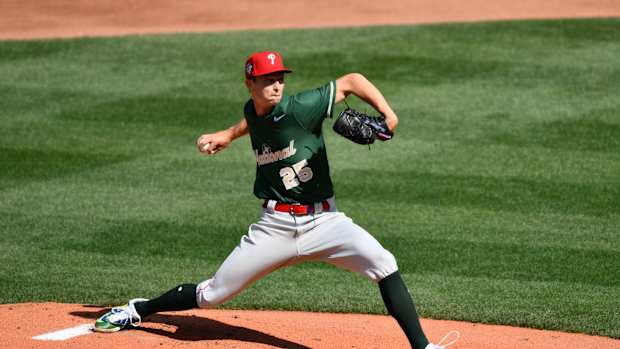 Jul 8, 2023; Seattle, Washington, USA; National League Futures starting pitcher Mick Abel (25) of the Philadelphia Phillies pitches to the American League during the first inning of the All Star-Futures game at T-Mobile Park. Mandatory Credit: Steven Bisig-USA TODAY Sports